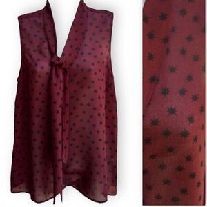 Halogen Sheer Maroon Black Starburst V-Neck Tie Sleeveless Blouse